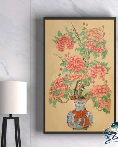 民画 花瓶牡丹図 牡丹の花の絵 額縁 金運を呼ぶ絵 風水画