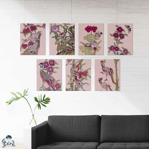 Pink Flower and Bird Painting 7 Designs Traditional Korean Folk Art Living Room Interior Frame