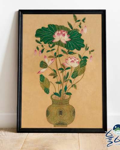民画 蓮花図 蓮の花絵 リビング額縁 金銭運アップ絵画