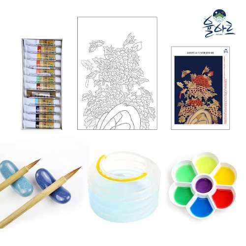 Beginner's Traditional Korean Folk Painting Kit - Sentimental Peony Design