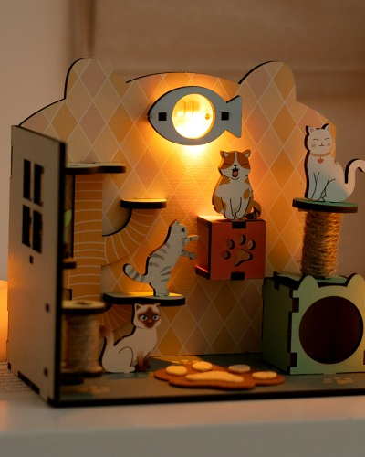 かわいい猫のミニルーム ムードライト 作成キット 小学生 部屋飾り 手作り素材 DIY キット インテリア おもちゃ ハウス