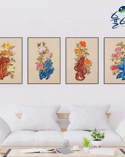 Minhwa Peony Flower Art Poster Housewarming Gift Grotesque Stone Peony Design 4-Piece Set