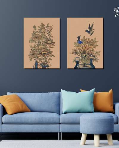 Minhwa Vase with Flowers and Birds 4-Panel Poster Ink Wash Painting