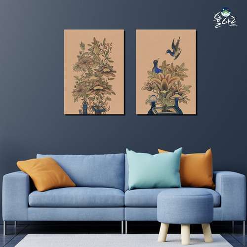 Minhwa Vase with Flowers and Birds 4-Panel Poster Ink Wash Painting