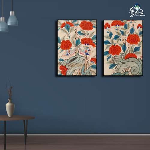 Minhwa Fantastical Rock and Peony Flower Art Poster