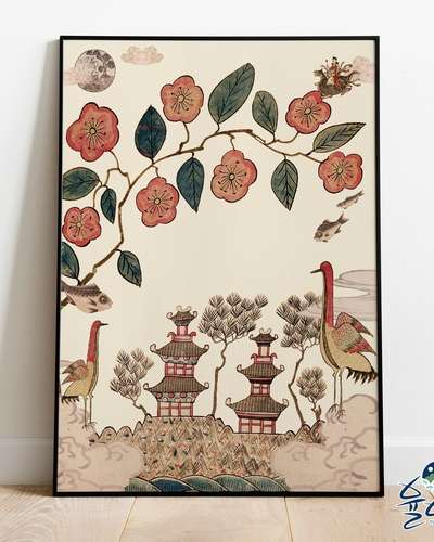 Surreal Birds and Flowers - Korean Folk Painting Flower Art Poster
