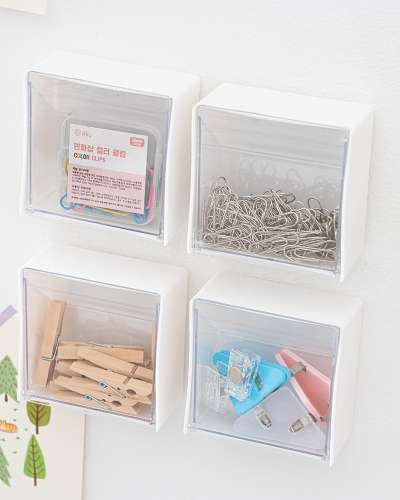 Clear Mini Storage Box Multi-Purpose Plastic Organizer Small Items Cosmetics Stationery Adhesive Mounted Tin Case