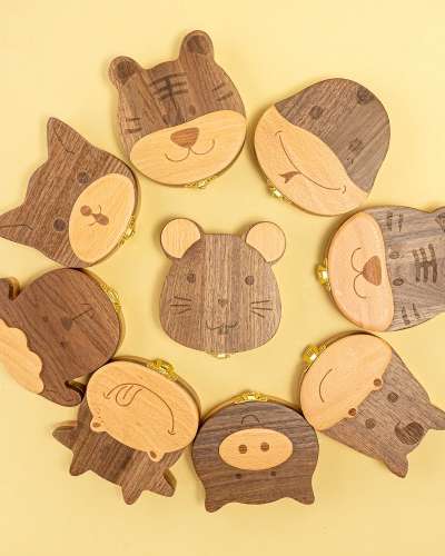 Premium Natural Wood Zodiac Animal Case Tooth Fairy Baby Tooth Storage Box
