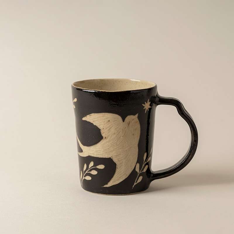 Reverse Sgraffito Swallow Pattern Cup - Glossy