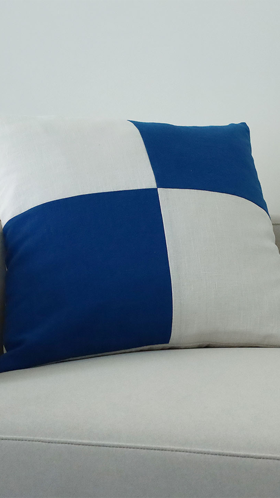 Linen Patchwork Cushion - Cream White + Cobalt Blue