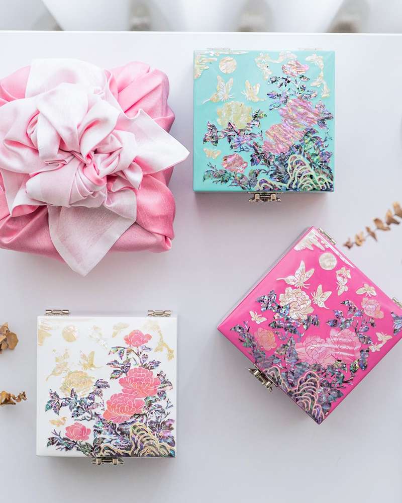 Nacre Lacquerware Pastel 1-Tier Jewelry Box with Peony Pattern 11cm Shell Inlay Jewel Case Ring Box Thank You Gift