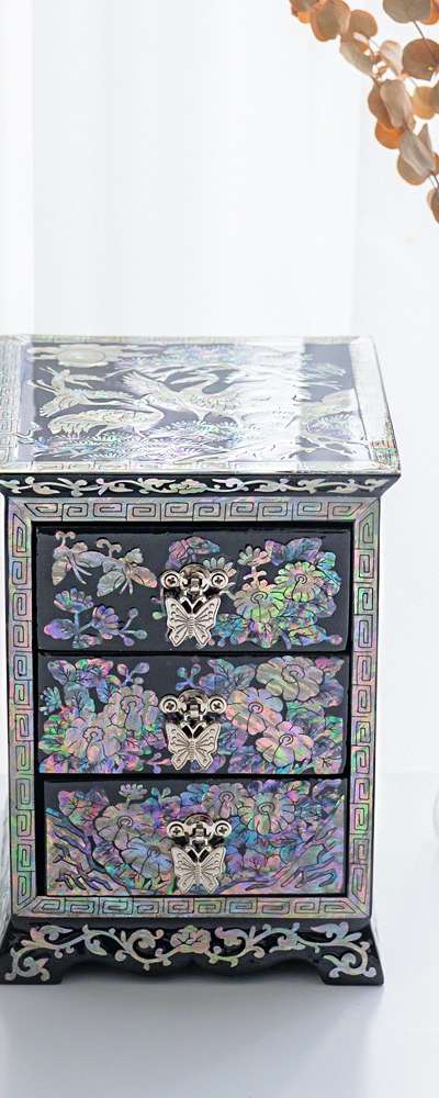 螺鈿漆器 牡丹松鶴 3段引き出し 黒 螺鈿ジュエリーボックス 金吉洙作品