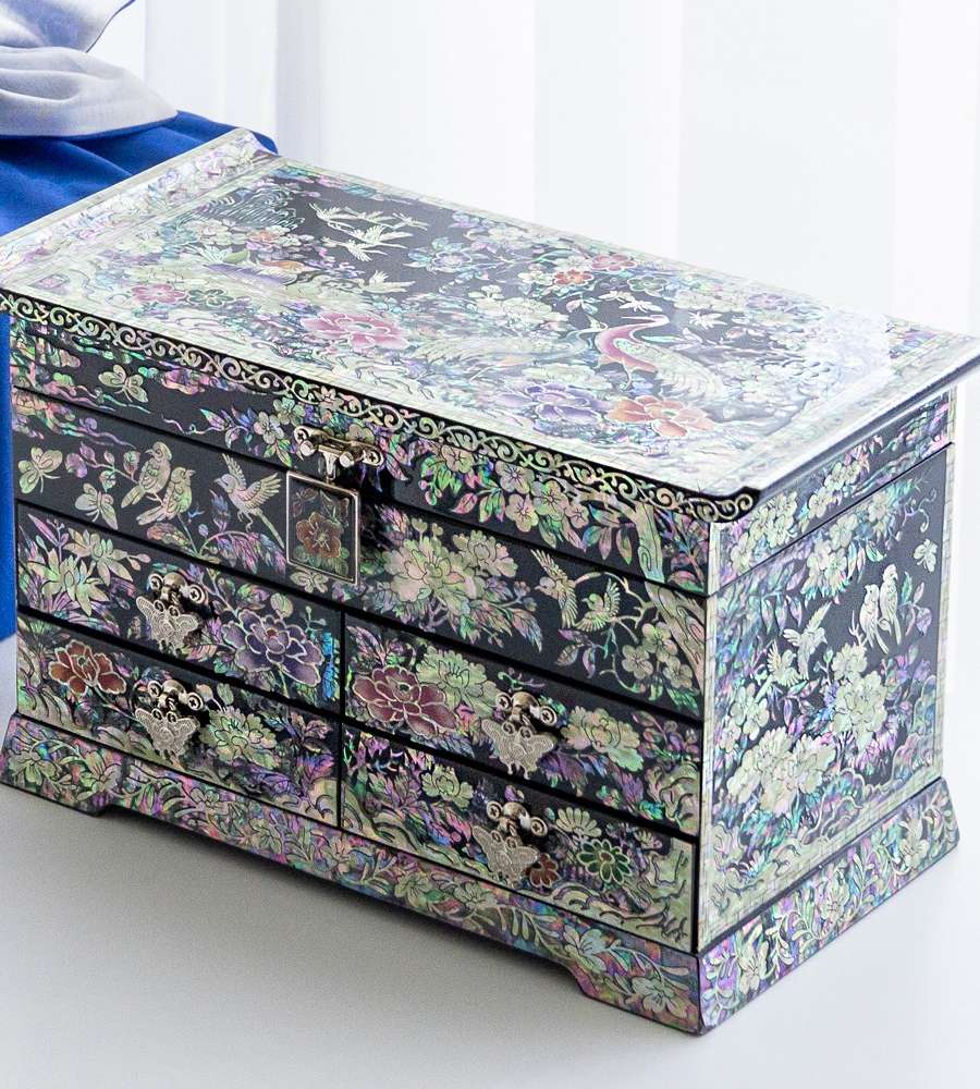 Premium Najeon Lacquerware Ten Symbols of Longevity Five-Drawer Mother-of-Pearl Jewelry Box