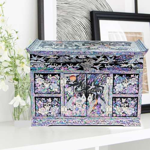 Premium Mother-of-Pearl Lacquerware Jewelry Box with Ten Symbols of Longevity and Double-Door Tile Design