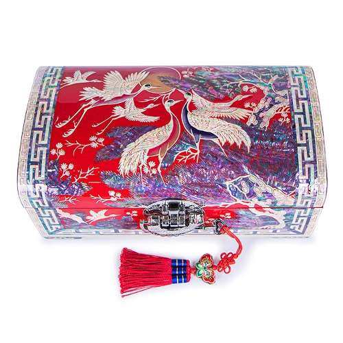 Pine and Crane Round 2-Tier Jewelry Box 24cm (Red) - Work by O Myeong-ho