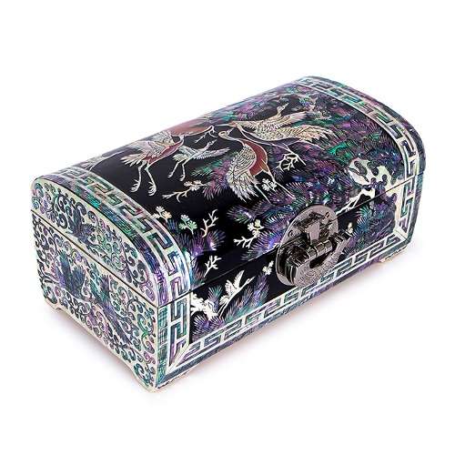 Pine and Crane Round Two-Tier Jewelry Box 21cm (Black) - Oh Myeong-ho