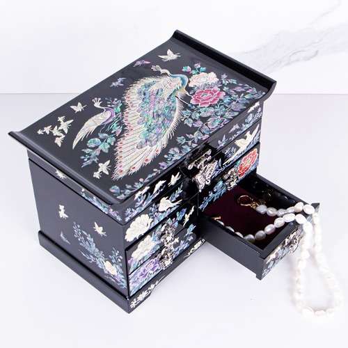 Peacock and Scholar Mother-of-Pearl Jewelry Box with 5 Drawers (Glossy Black)