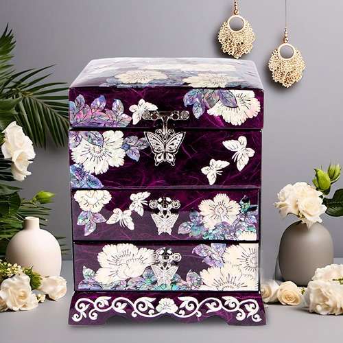 Peony 3-Drawer Mother-of-Pearl Jewelry Box (Hanji, Purple)