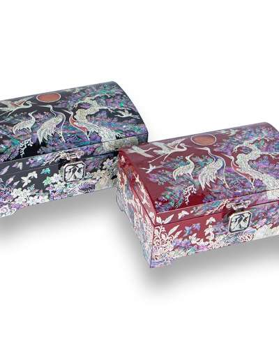 高級螺鈿漆器 松月鶴 2段 貝殻ジュエルボックス（黒色、赤色）