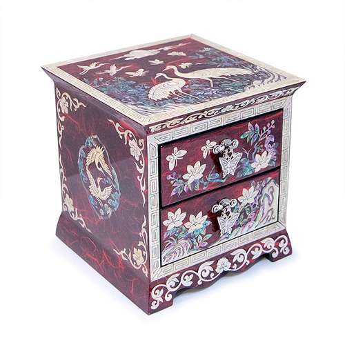Pine and Crane Drawer Jewelry Box (Hanji, Red) - Work by Oh Myung-ho