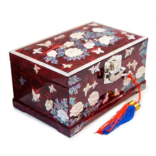 Peony Butterfly Mother-of-Pearl Jewelry Box with Hanji, 2-Tier (Red) - by Oh Myung-ho