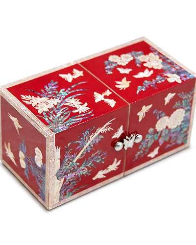 四君子 天然貝螺鈿 双合 ジュエリーボックス (中、艶有、赤色) - 呉命虎 作品