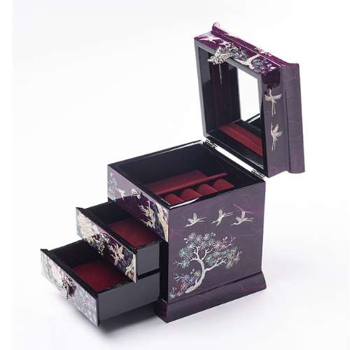 Crane and Scholar 3-Drawer Mother-of-Pearl Jewelry Box (Korean Paper, Purple)