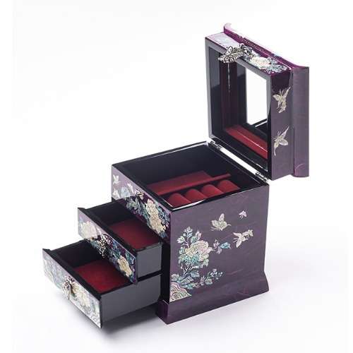Peony Scholar Three-Drawer Nacre Jewelry Box (Korean Paper, Purple)