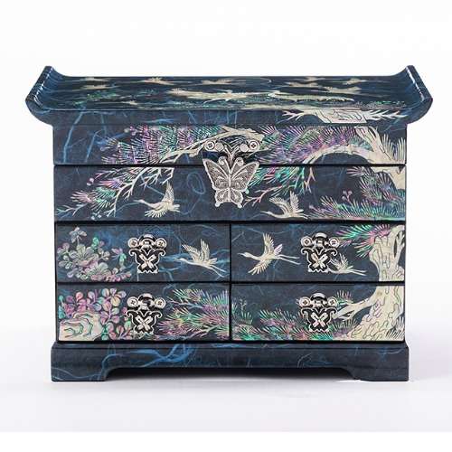 Pine and Crane Scholar 5-Drawer Mother-of-Pearl Jewelry Box Large (Hanji, Blue)