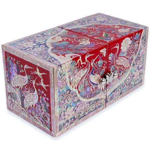 Round Pine and Crane Mother-of-Pearl Jewelry Box (Medium, Small) - Work by Oh Myung-ho