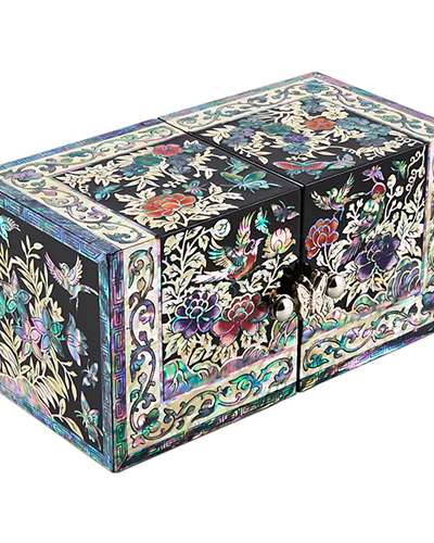 四角い花鳥双貝螺鈿ジュエリーボックス(小、黒色)