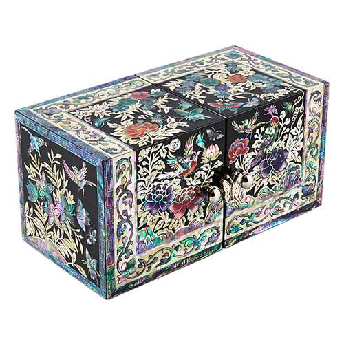 Square Flower and Bird Mother-of-Pearl Jewelry Box (Small, Black)