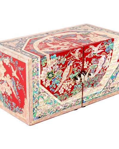 花鳥貝殻細工宝石箱(大、赤色)