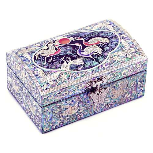 Pirate Box Pine and Crane Cloud Pattern Border Single-Tier Jewelry Box (Black) Medium - Obra by Oh Myung-ho