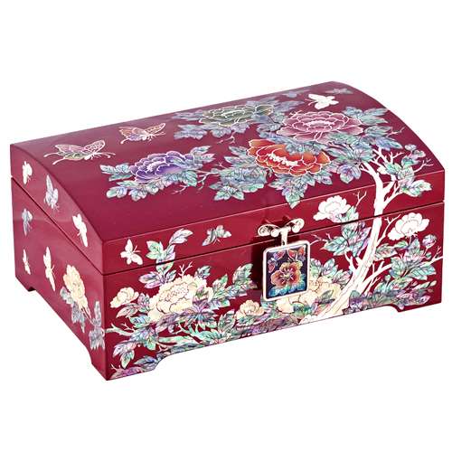 Peony Butterfly Two-Tier Rolling Jewelry Box (Red)
