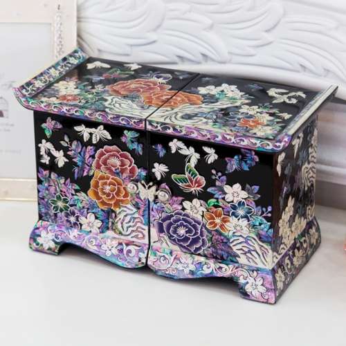 Peony (Black) Tile Embroidered Drawer Double Clasp Jewelry Box - Work by Oh Myung-ho