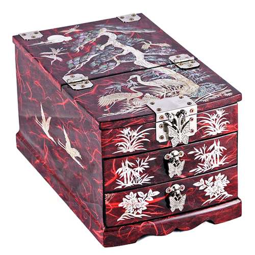 Hanji Crane and Pine 2-Drawer Vanity Jewelry Box (Red) Large