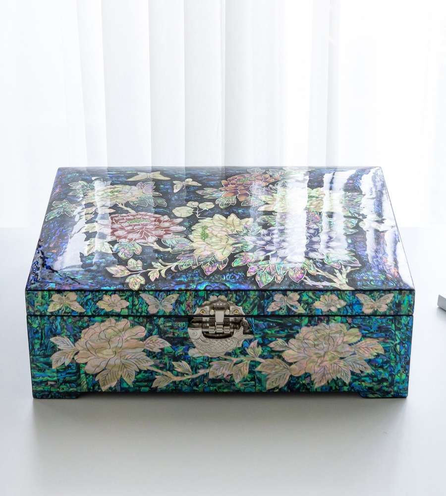 Premium Inlaid Shell Lacquerware Jewelry Box with Peony Pattern 34cm