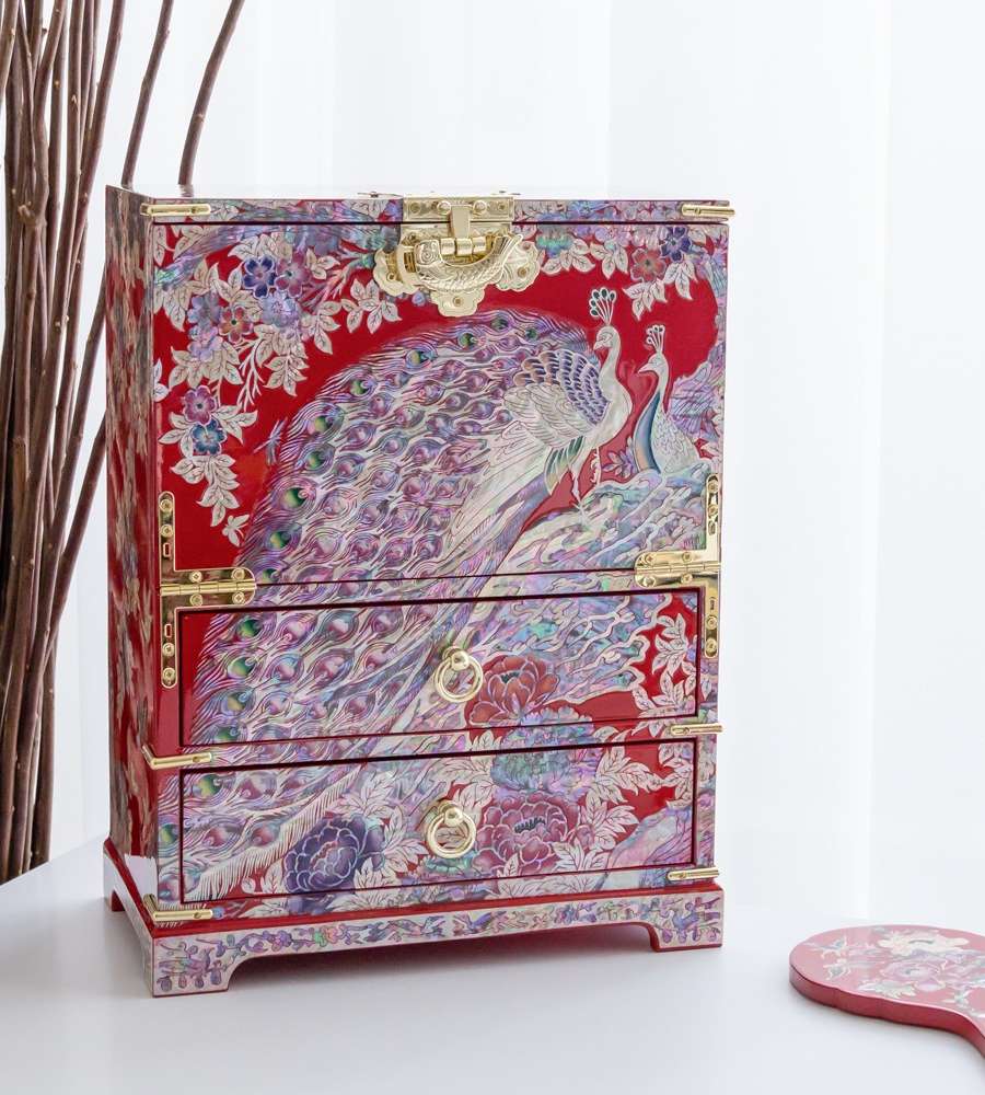 Premium Nacre Lacquerware Peacock Half-Fold Drawer Jewelry Box (Extra Large, Red & Black) - Artisan Jang Tae-bok