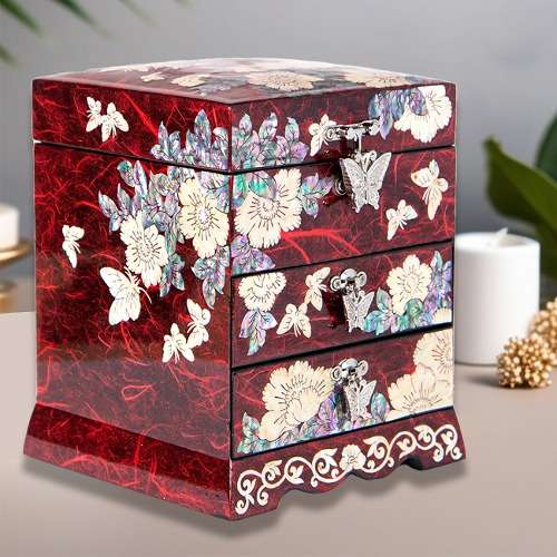 Peony 3-Drawer Mother-of-Pearl Jewelry Box (Korean Hanji, Red)