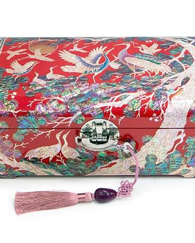 高級螺鈿漆器 月松鶴 2段 貝殻ジュエリーボックス 赤色（30cm アクセサリー収納ボックス、結納箱）