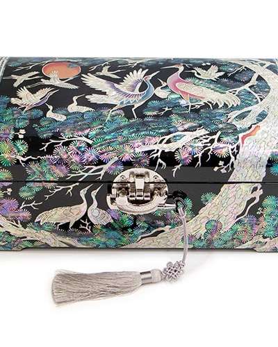 高級螺鈿漆器 月松鶴 2段 貝殻ジュエリーボックス 黒色 (30cm アクセサリー収納箱、結納箱)