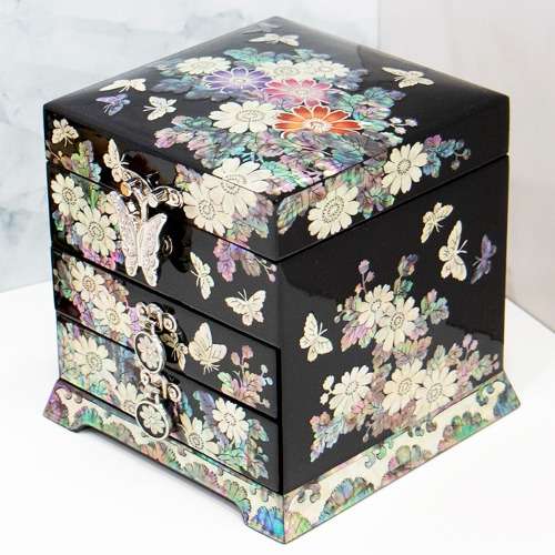 Colored Chrysanthemum 3-Drawer Mother-of-Pearl Jewelry Box