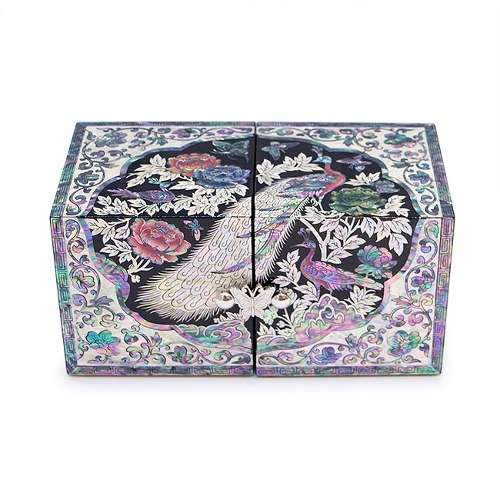 Peacock Double-Hinged Mother-of-Pearl Jewelry Box (Medium, Black) - Artwork by Oh Myeong-ho