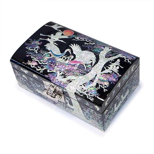 Premium Mother-of-Pearl Inlaid Lacquerware Moon, Crane, and Pine 2-Tier Jewelry Box