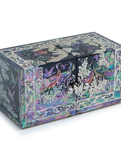 松鶴 四角縁貝細工ジュエリーボックス - 小 (黒色、赤色) オ・ミョンホ作品