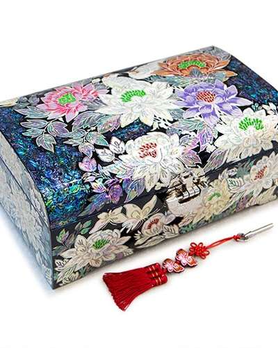 高級螺鈿漆器 青 貝細工 牡丹花蝶 2段 ジュエリーボックス(大)-朴仁浩