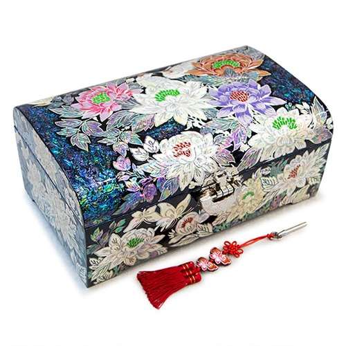 Premium Mother-of-Pearl Lacquerware Blue Peony and Butterfly Two-Tier Jewelry Box (Large) - Park In-ho