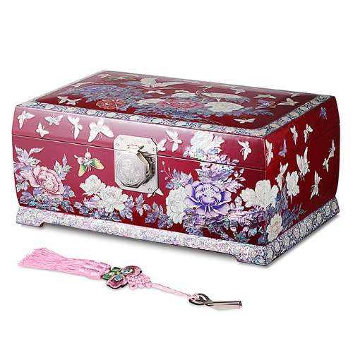 Peony and Crane Inlaid Mother-of-Pearl Jewelry Box (2-Tier, Extra Large, Red) – Work by Yang Tae-seok