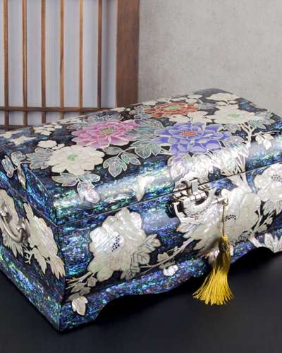 牡丹花 青 螺鈿細工 2段 ジュエリーボックス(大)-朴仁浩
